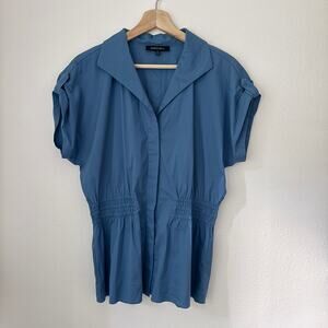 Lafayette 148 Smocked Waist Collared Short Sleeve Blouse Sz Medium